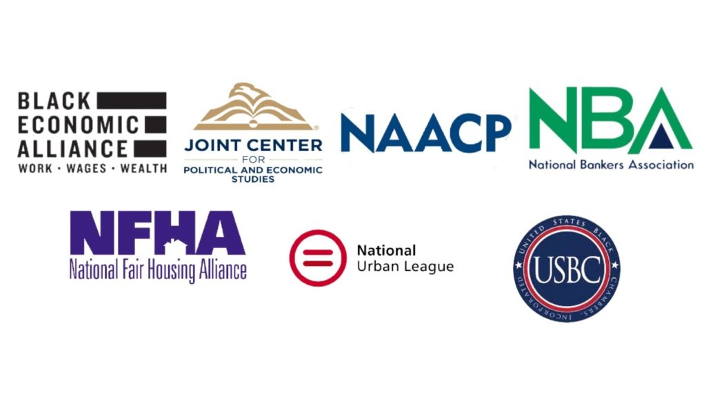 Logos of Black Economic Alliance, Joint Center, NAACP, National Bankers Association, National Fair Housing Alliance, National Urban League, and United States Black Chambers