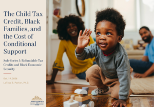 Title slide reading: “The Child Tax Credit, Black Families, and the Cost of Conditional Support,” featuring a young child waving in the foreground and a smiling family in the background.